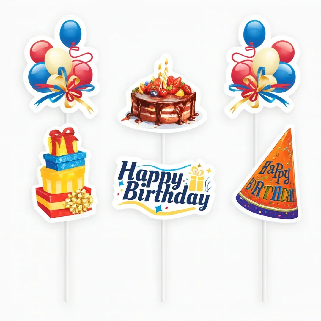 Celebration Theme Cake Topper | Assorted Designs | Celebration Event Cake Toppers | Pack of 6 - Image 5