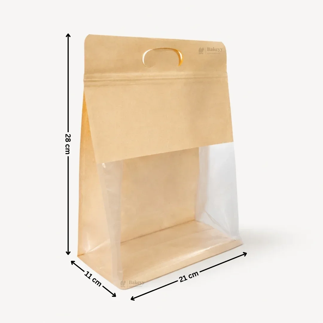 Kraft Paper Bread Pouch with Clear Window | Stand-Up Bakery Packaging Bag With Handle | 3 Sizes Available | Pack of 50 - Image 6
