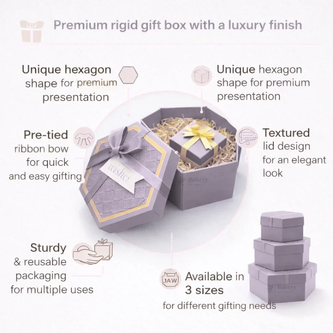 Lavender Hexagon Gift Box with Ribbon | Luxury Rigid Hamper & Chocolate Packaging Box | Available in 3 Sizes | Pack of 1 - Image 4