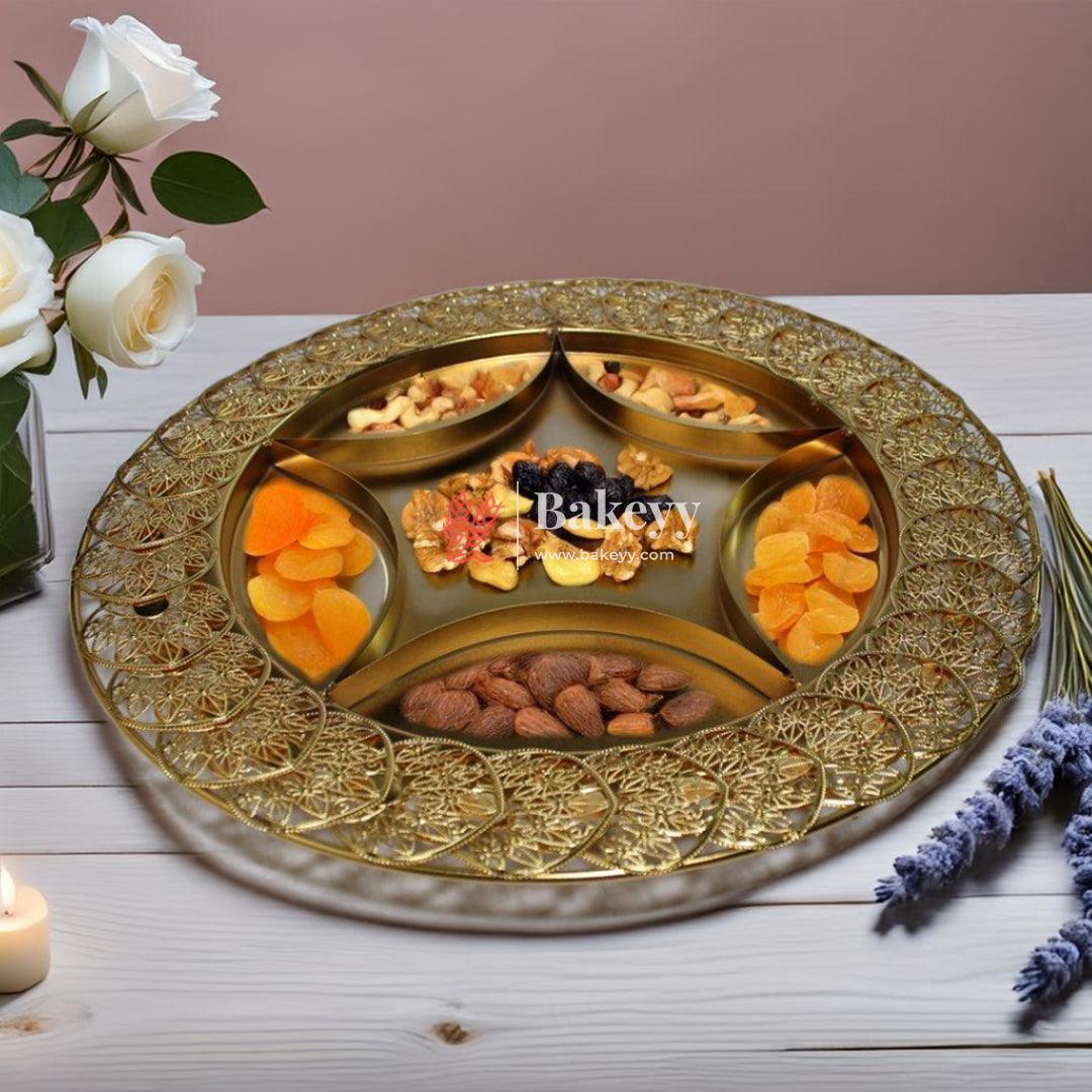 16 inch |Luxurious Gold-Plated Round Serving Tray with 6-Part Sections | Gold-Plated Round Metal Dry Fruit Tray - Image 3
