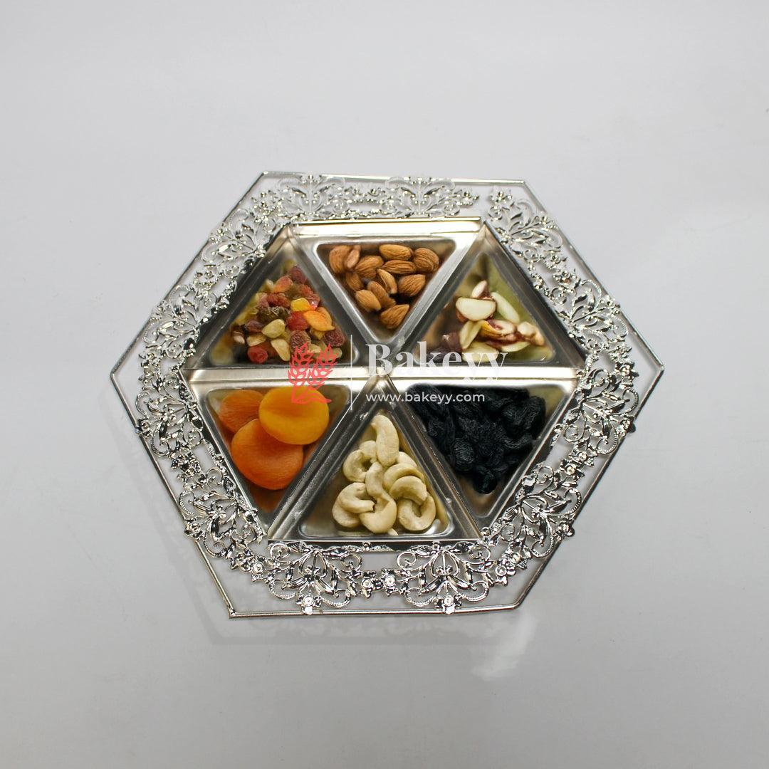 10 inch| Luxurious Hexagonal Metal Serving Tray with Elegant Floral Design | Luxurious Silver-Plated Metal Dry Fruit Tray - Image 3