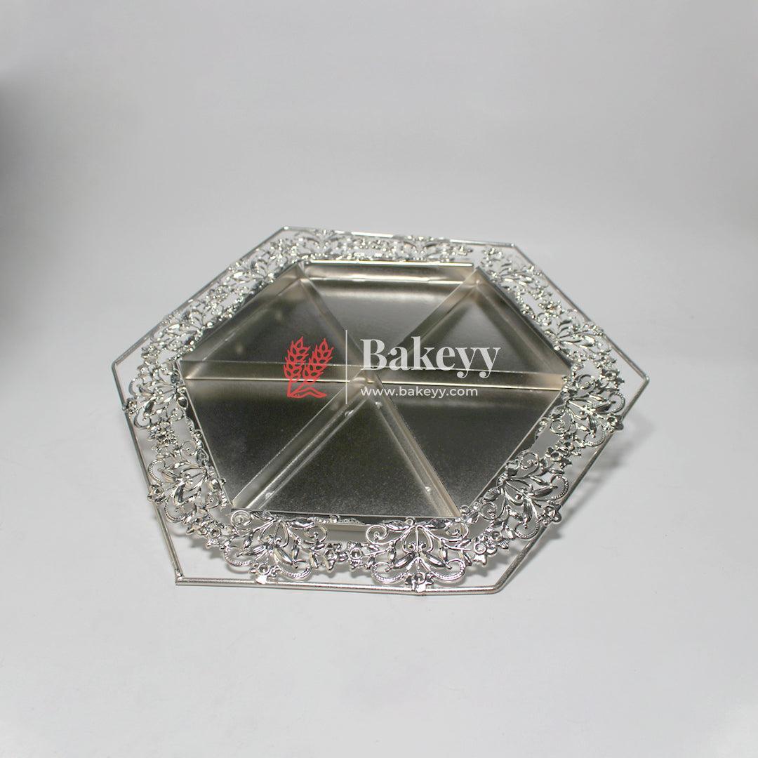 10 inch| Luxurious Hexagonal Metal Serving Tray with Elegant Floral Design | Luxurious Silver-Plated Metal Dry Fruit Tray - Image 4