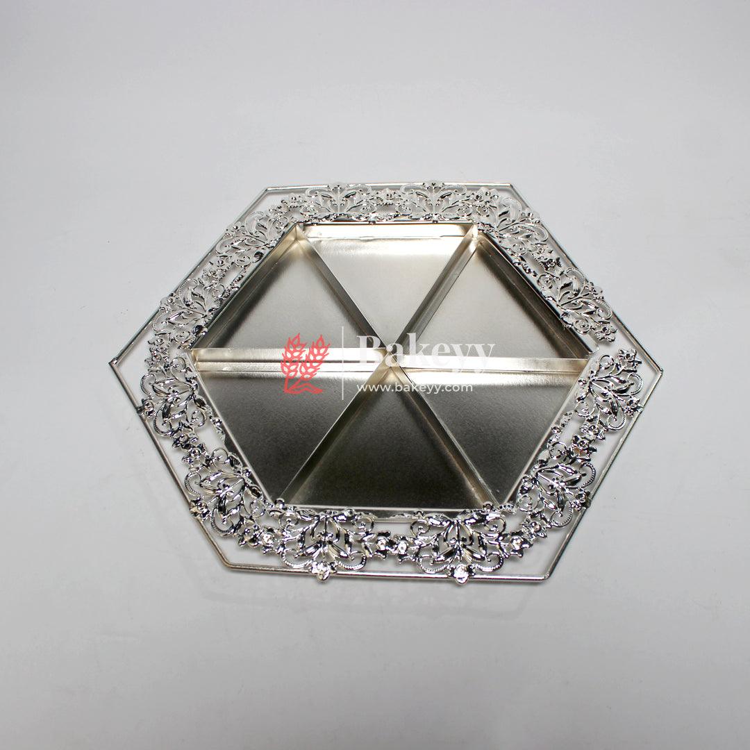 10 inch| Luxurious Hexagonal Metal Serving Tray with Elegant Floral Design | Luxurious Silver-Plated Metal Dry Fruit Tray - Image 5