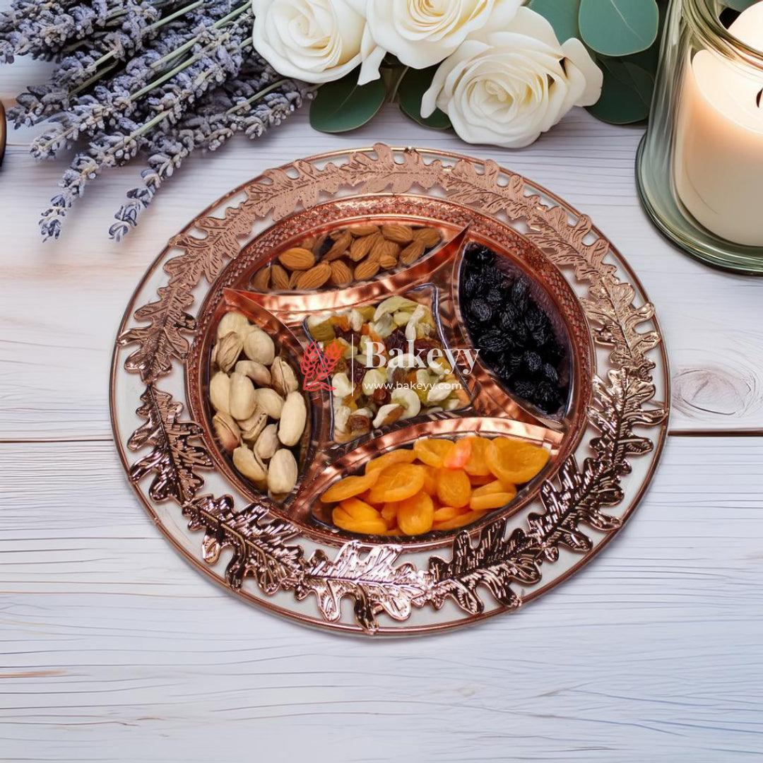11.5 inch | Luxurious Round Rose Gold-Plated Serving Tray with Intricate Design | Metal Dry Fruit Tray | Pack of 1 - Image 5