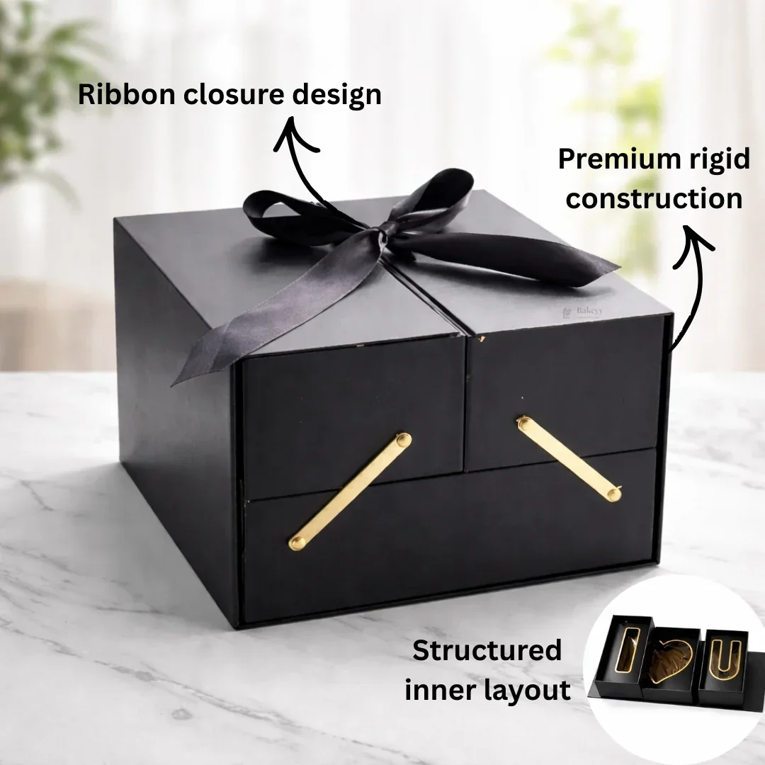 Luxury Black Multi-Compartment Gift Box with Ribbon Closure | Pack of 1 - Image 6