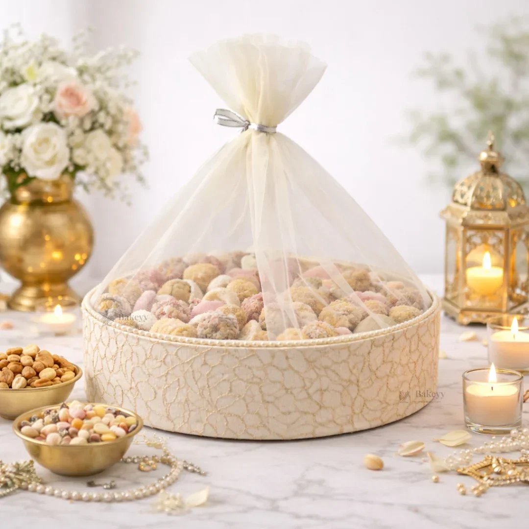 Elegant Oval Fabric Gift Basket with Net Cover | Premium Hamper Base for Luxury Gifting With Matching Ribbon | Pack of 1 - Image 4