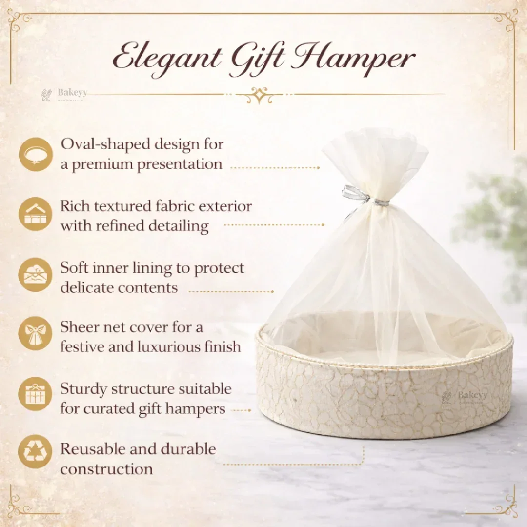 Elegant Oval Fabric Gift Basket with Net Cover | Premium Hamper Base for Luxury Gifting With Matching Ribbon | Pack of 1 - Image 5