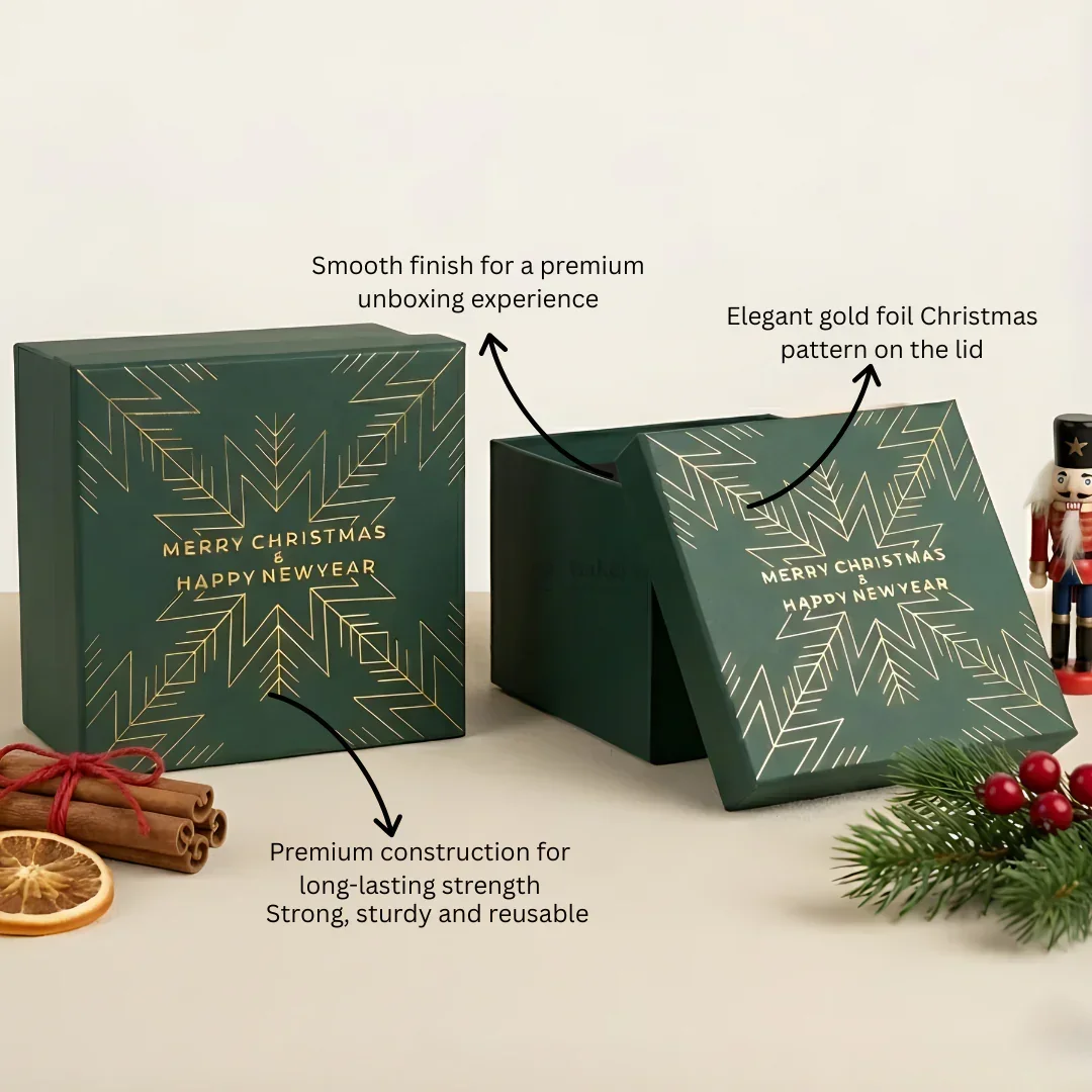 Christmas Green Cardboard Premium Hamper Box | Luxury Golden Print | Luxury Gift Hamper Box | Pack of 1 - Image 3