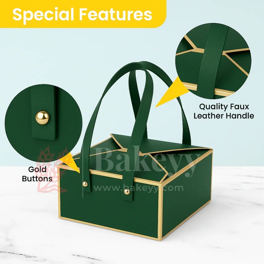 Luxury Dark Green Foldable Gift Box with Leather Handles | Pack of 10 - Image 2