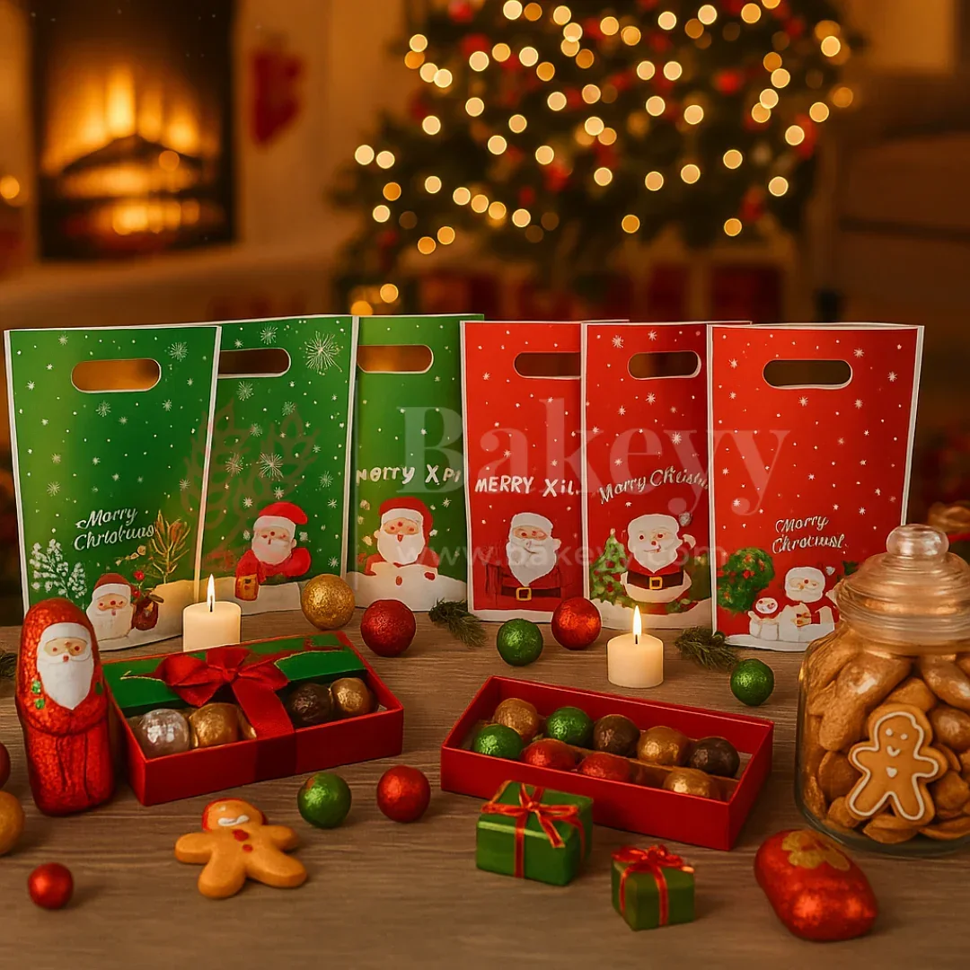 Merry Christmas Carry Bags | Festive Plastic Bags for Chocolates, Cookies & Small Gifts | Pack Of 50