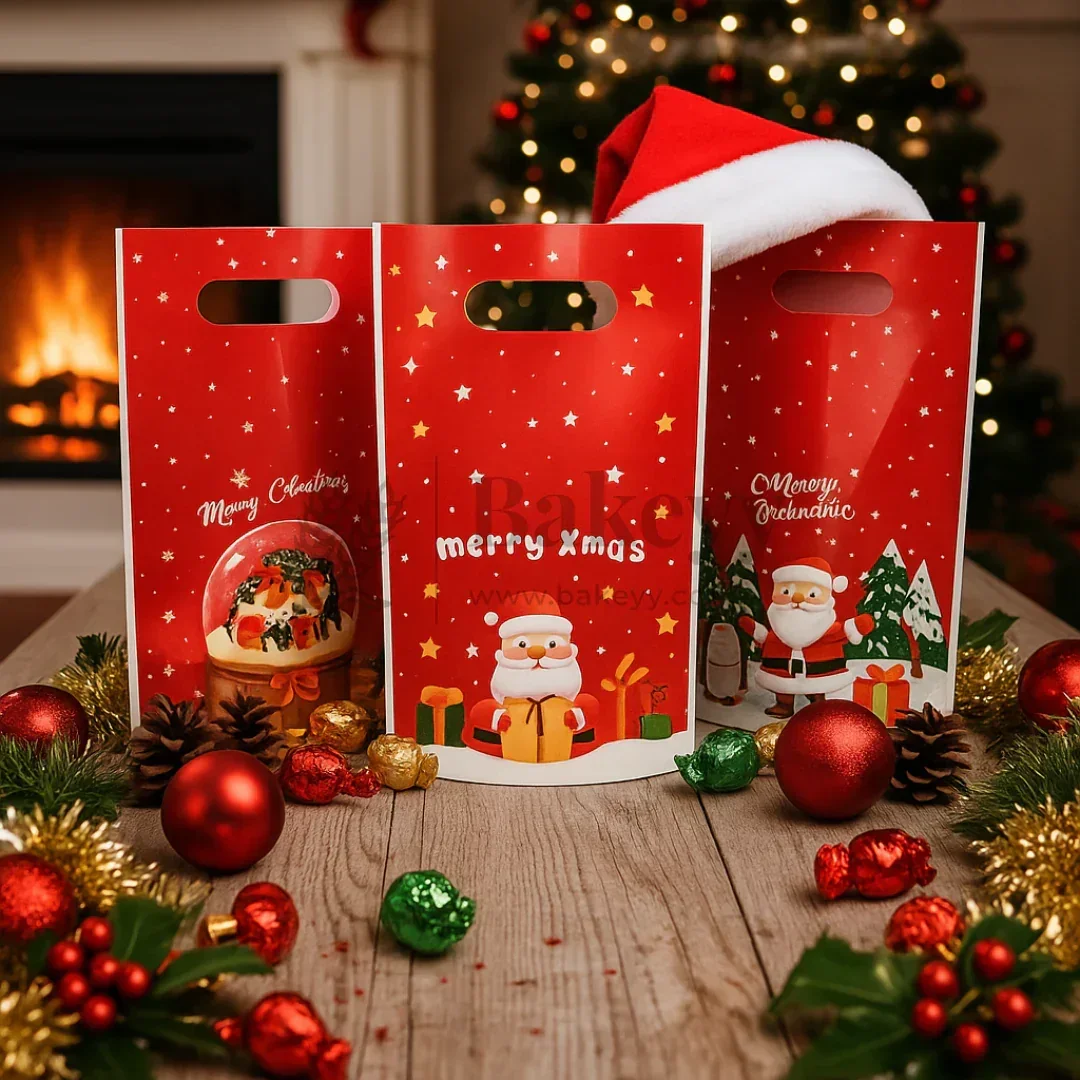 Merry Christmas Carry Bags | Festive Plastic Bags for Chocolates, Cookies & Small Gifts | Pack Of 50 - Image 3