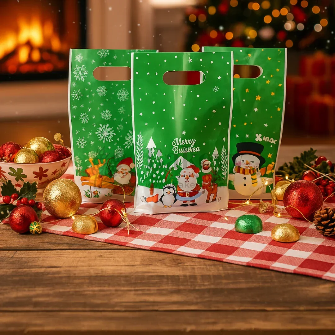 Merry Christmas Carry Bags | Festive Plastic Bags for Chocolates, Cookies & Small Gifts | Pack Of 50 - Image 4