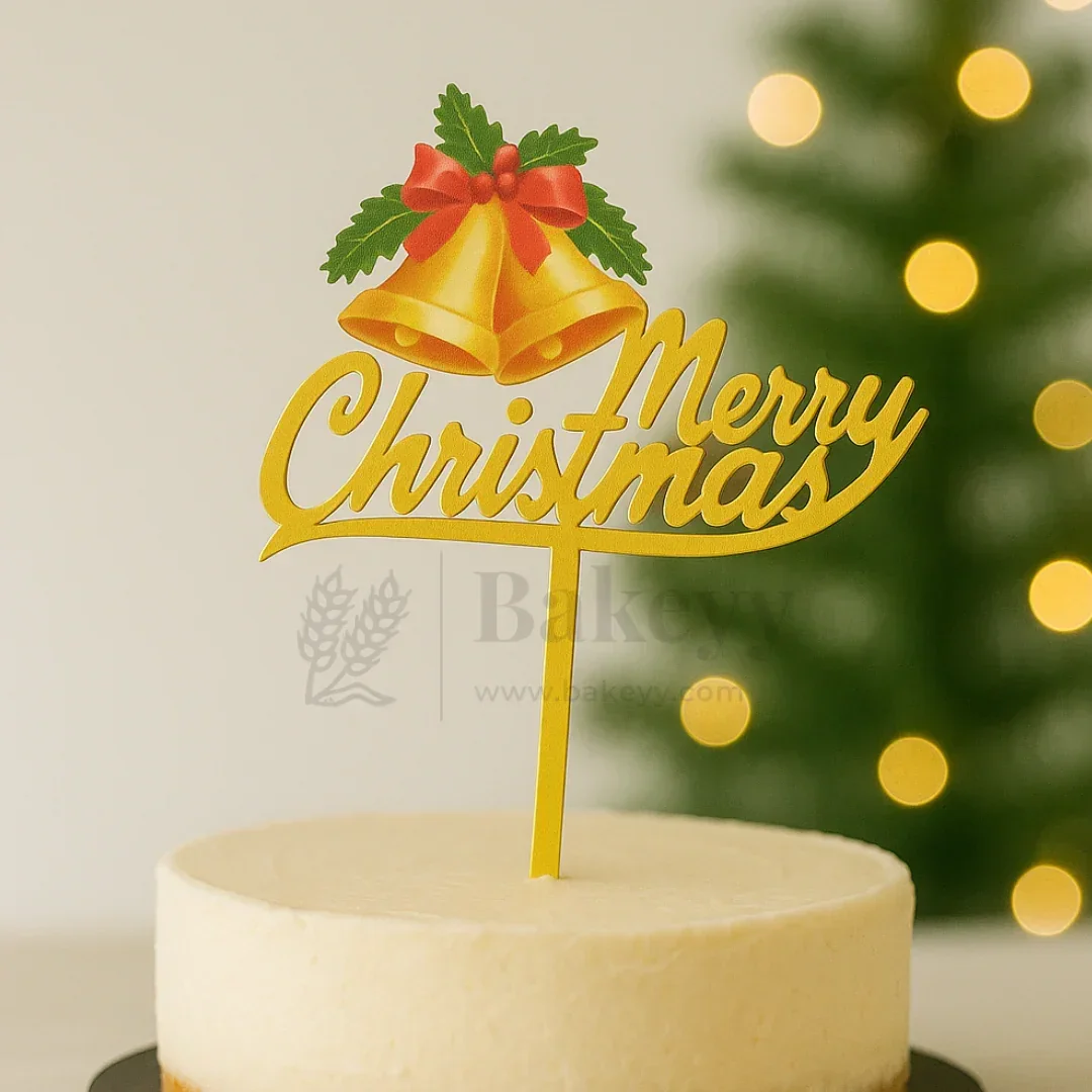 Merry Christmas with Golden Bells Cake Topper | Golden Color | Christmas Decor | Pack of 5