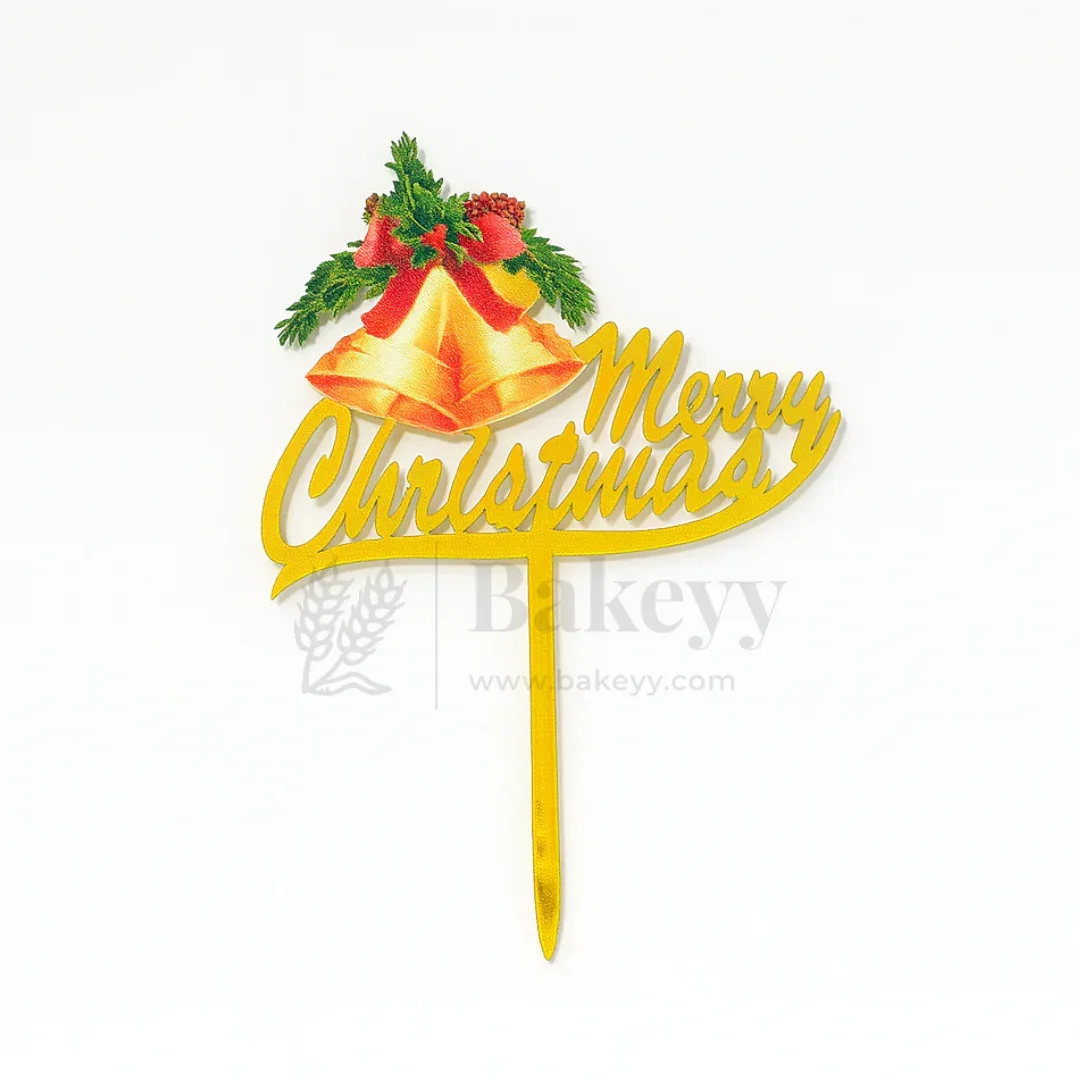 Merry Christmas with Golden Bells Cake Topper | Golden Color | Christmas Decor | Pack of 5 - Image 3