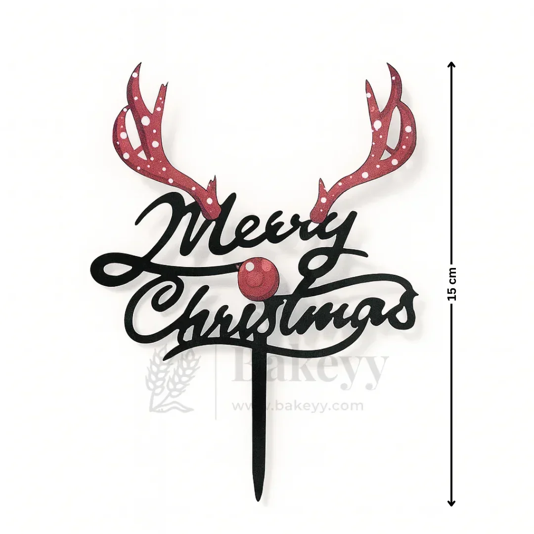 Merry Christmas with Reindeer Antler Design Cake Topper | Black Color | Christmas Decor | Pack of 5 - Image 2