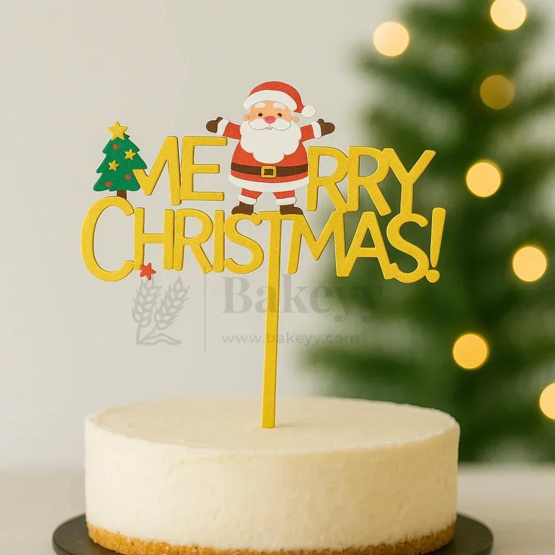 Merry Christmas with Santa and Tree Cake Topper | Golden Color | Christmas Decor | Pack of 5