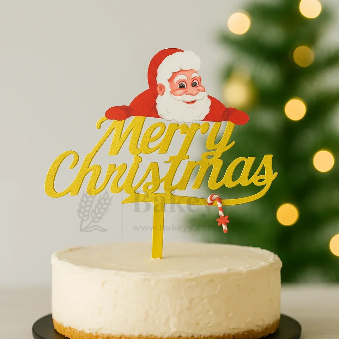 Merry Christmas with Santa Cake Topper | Golden Color | Christmas Decor | Pack of 5