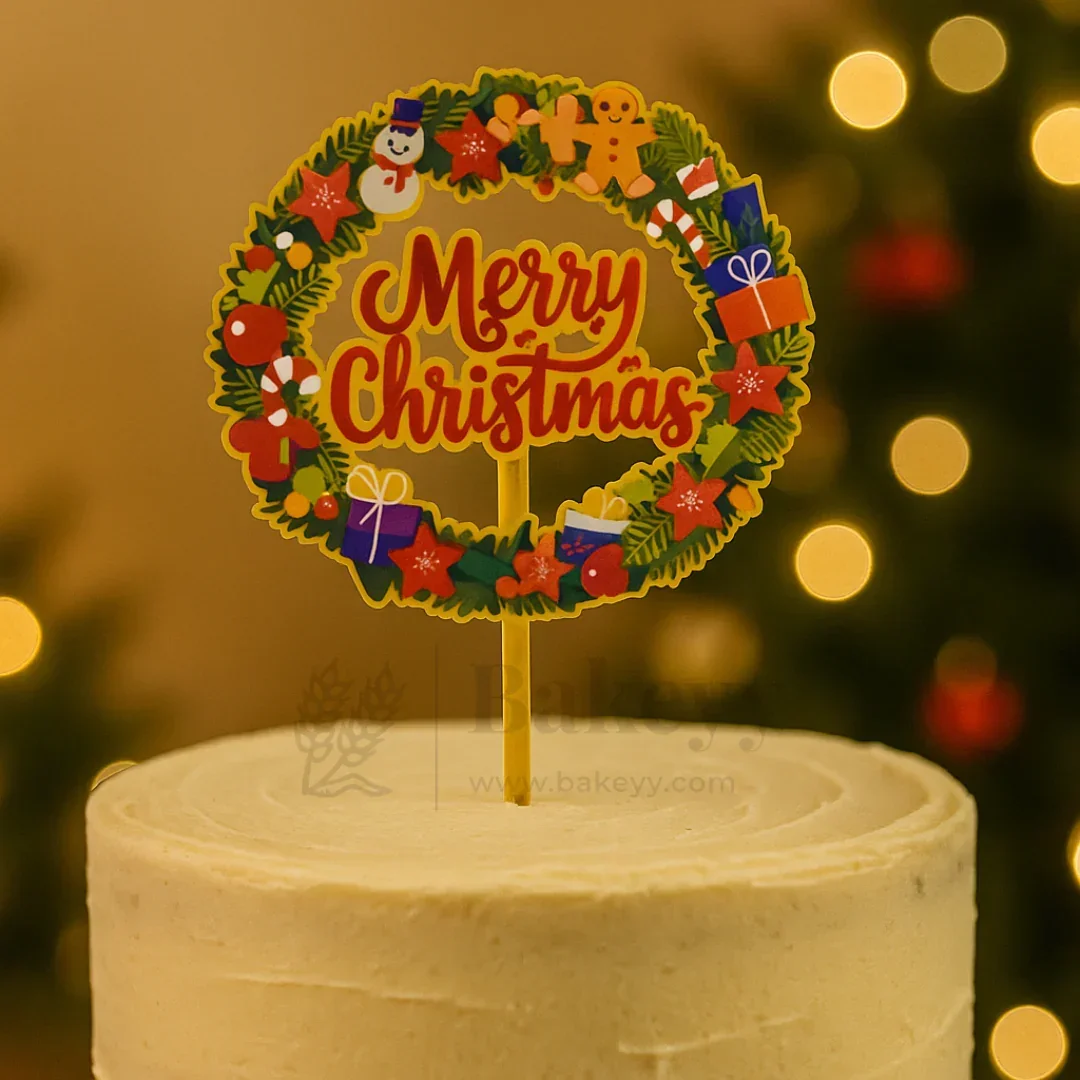 Merry Christmas Wreath Design Cake Topper | Christmas Decor | Pack of 5