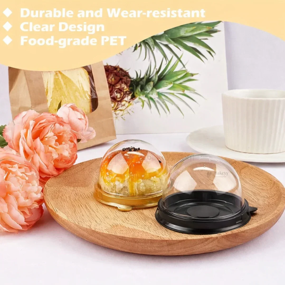 Mini Dome Cupcake & Pastry Container | Gold & Black Base | Clear Dome Lid | Pack of 50 - Image 4