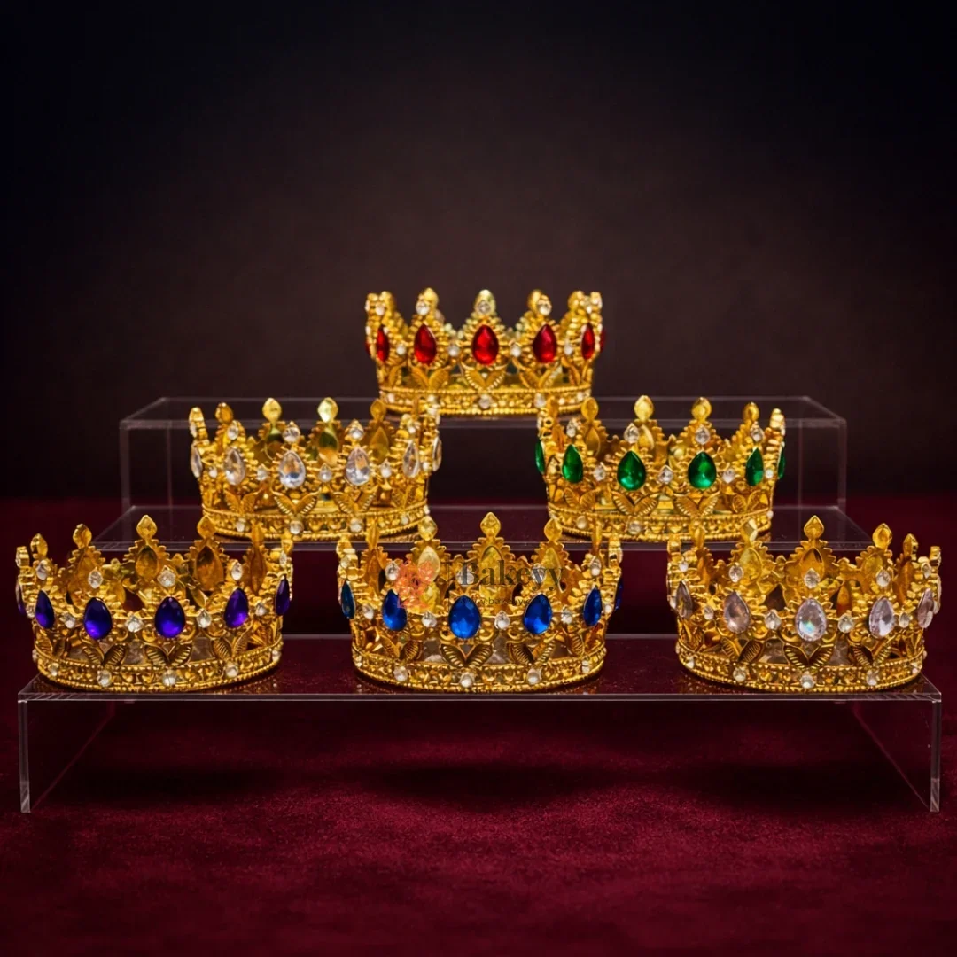 Mini Royal Crown Cake Topper | Decorative Golden Crown with Crystal Stones | Pack of 1