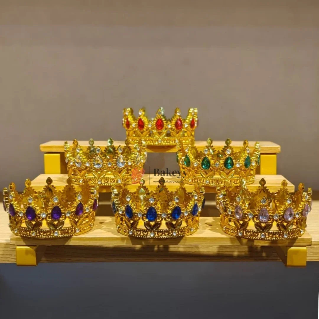 Mini Royal Crown Cake Topper | Decorative Golden Crown with Crystal Stones | Pack of 1 - Image 2