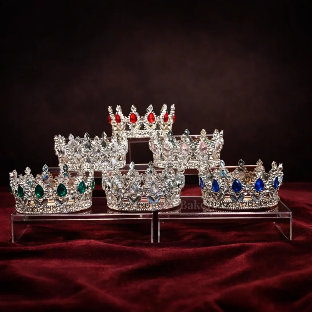 Mini Royal Crown Cake Topper | Decorative Sliver Crown with Crystal Stones | Pack of 1
