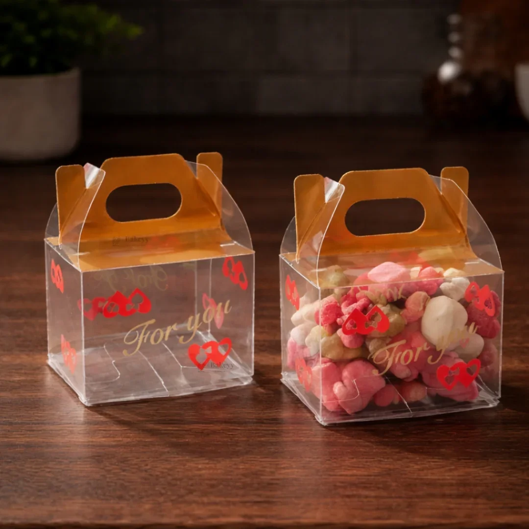 Mini Transparent PVC Goodie Box with Handle | “For You” Heart Print Goodie Box | 2 Sizes Available | Pack of 10 - Image 3