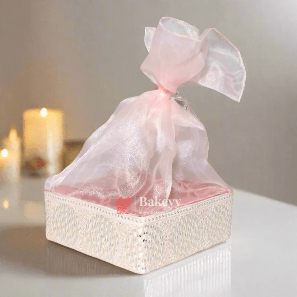 Crystal Mesh Hamper Gift Set | Mint, Ivory, and Pink | Elegant Square Gifting Tray - Image 13