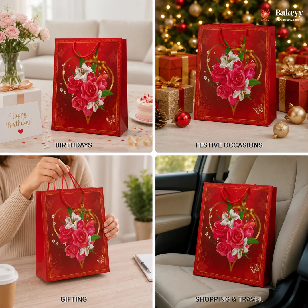 Mixed Design Printed Plastic Gift Bags with Rope Handle | Floral Gift Carry Bags | Pack of 10 - Image 3