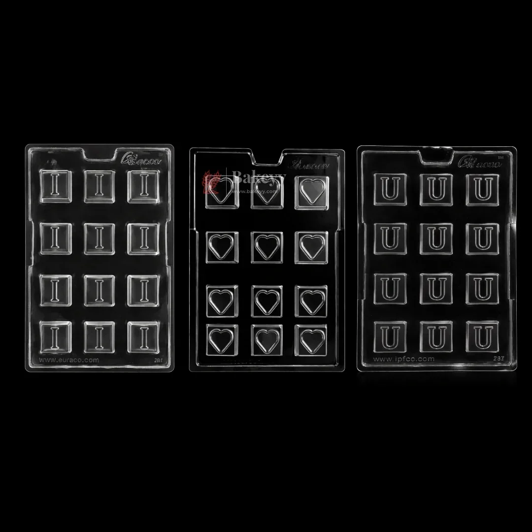 Mould 381, 382, 383 | “I”, Heart & “U” Letter Design | Alphabet & Heart Chocolate Mould | 12 Cavity | Pack of 1
