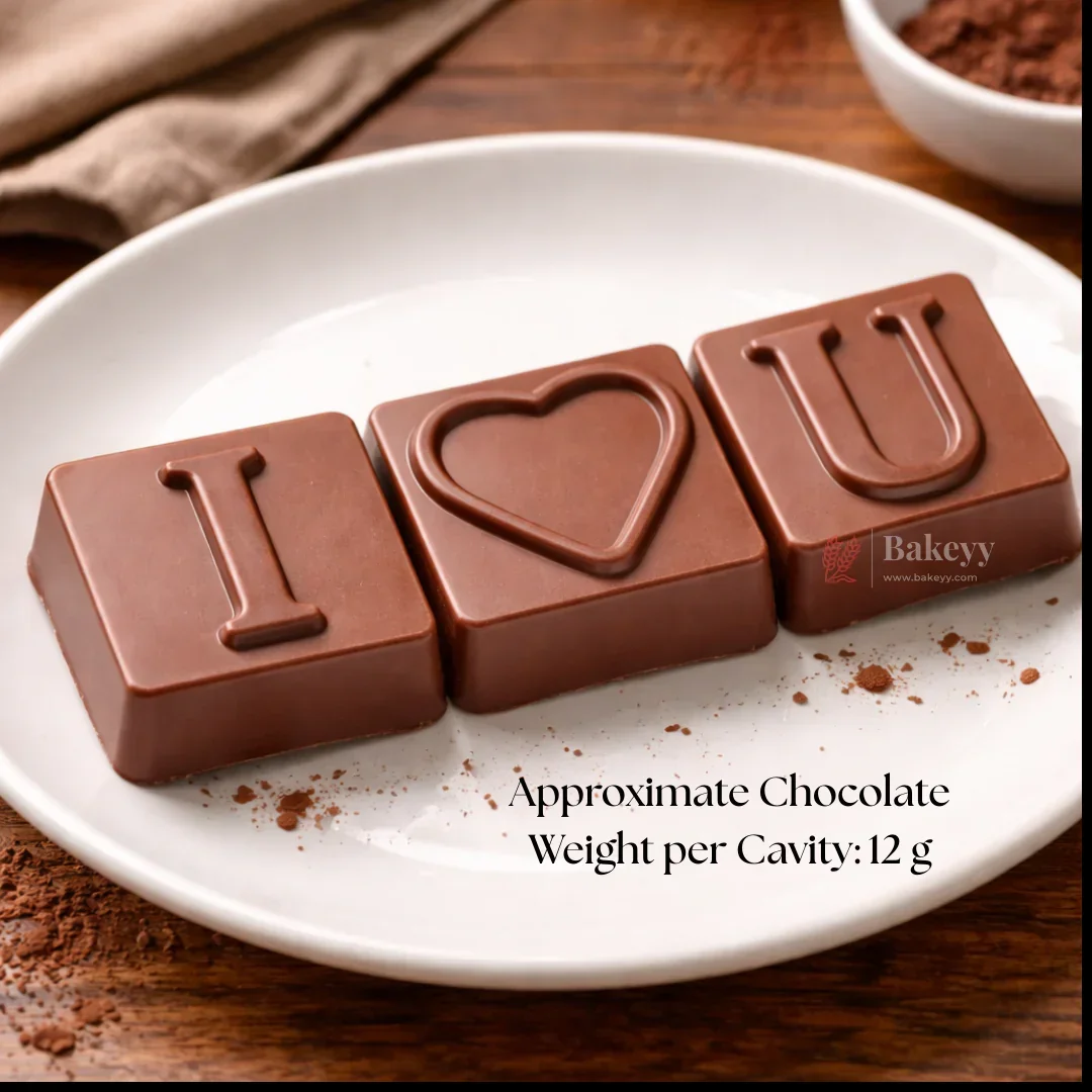 Mould 381, 382, 383 | “I”, Heart & “U” Letter Design | Alphabet & Heart Chocolate Mould | 12 Cavity | Pack of 1 - Image 3