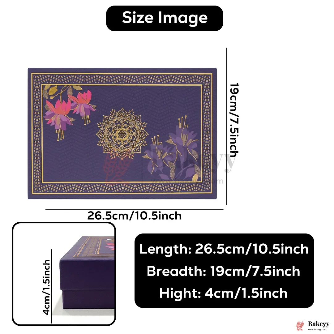 One Kg Sweet Box | 10.5x7.5x1.5 Inch | Royal Blue Floral Sweet Box with Golden Tray 1 Piece - Image 2