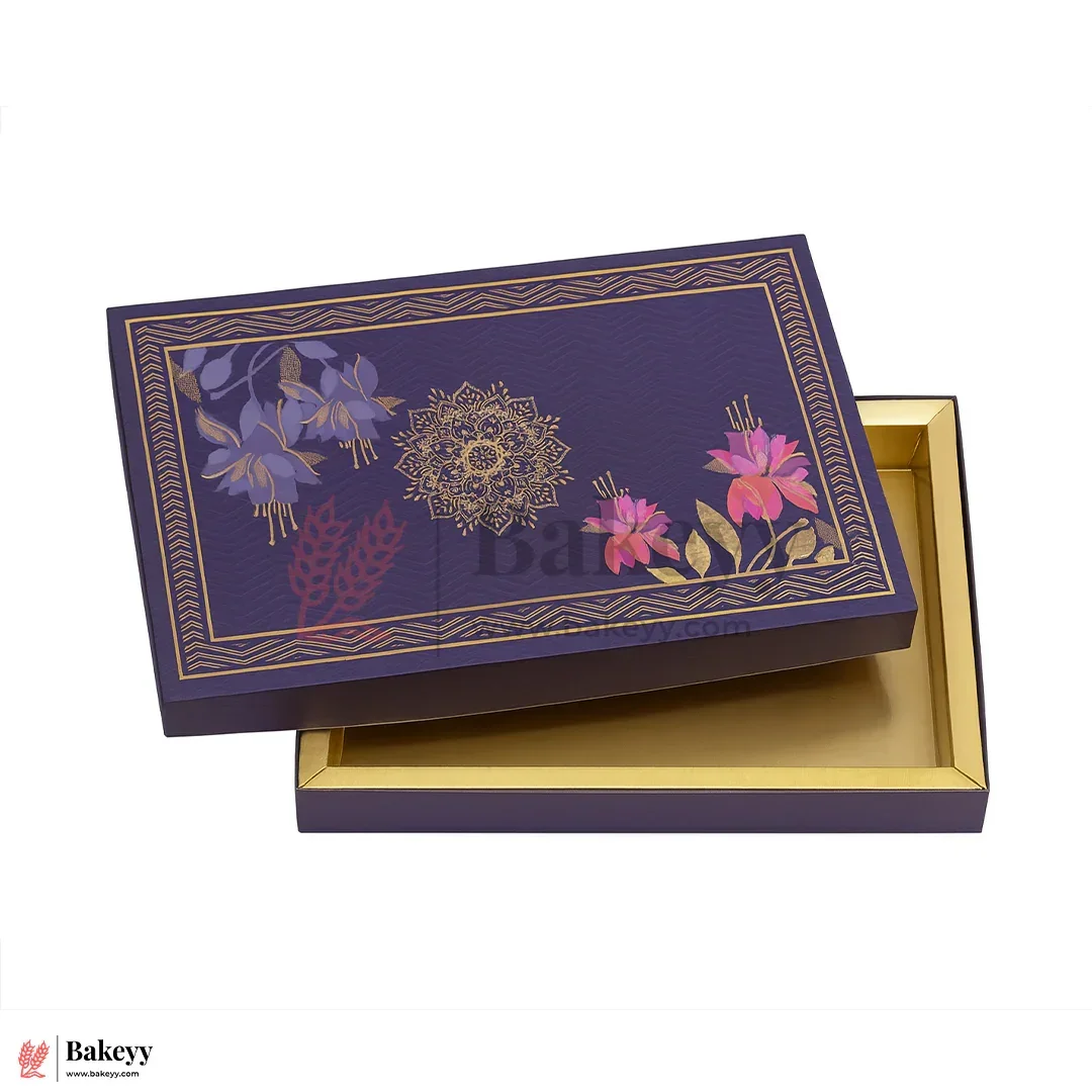 One Kg Sweet Box | 10.5x7.5x1.5 Inch | Royal Blue Floral Sweet Box with Golden Tray 1 Piece - Image 3