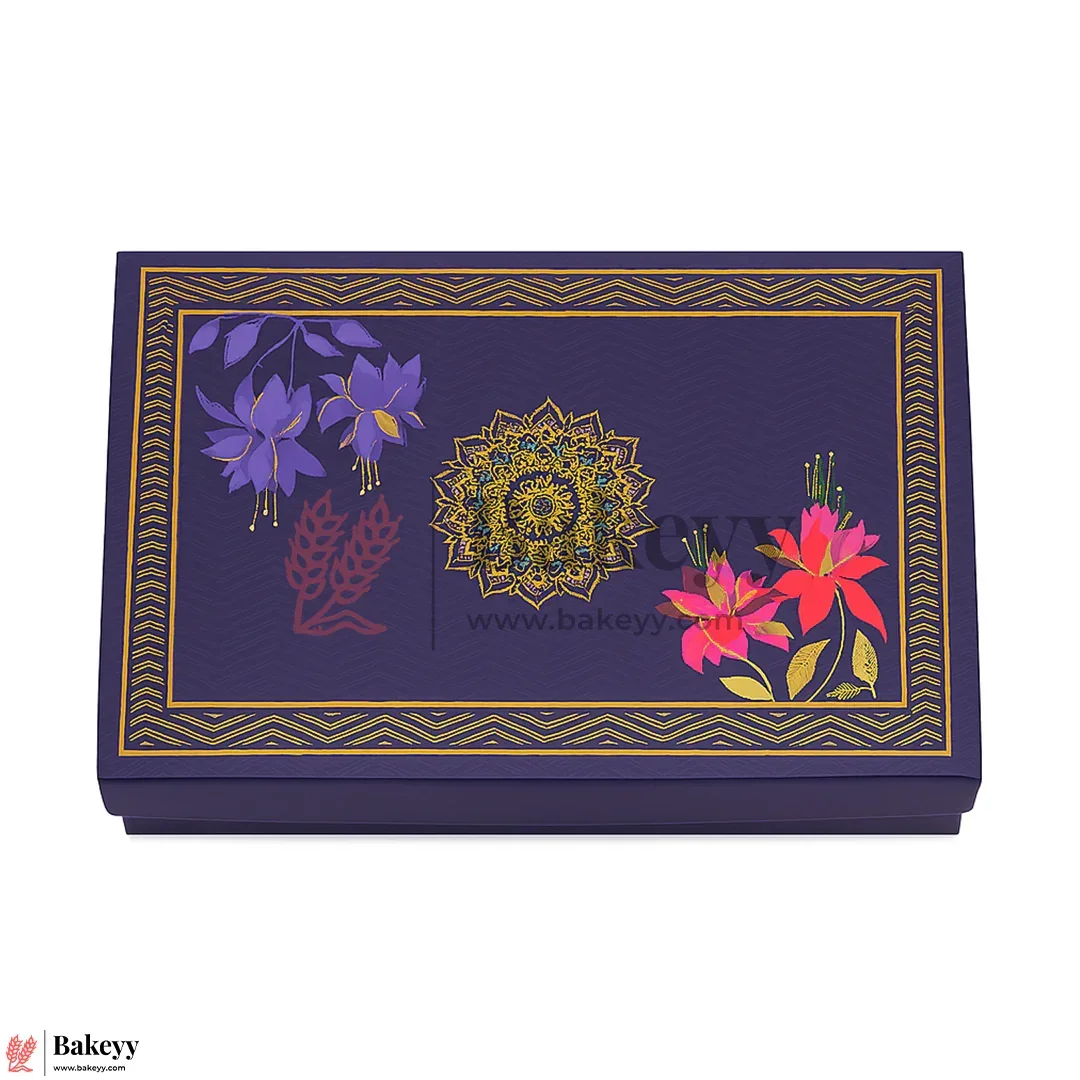 One Kg Sweet Box | 10.5x7.5x1.5 Inch | Royal Blue Floral Sweet Box with Golden Tray 1 Piece - Image 5