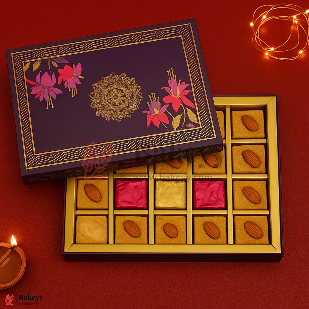 One Kg Sweet Box | 10.5x7.5x1.5 Inch | Royal Blue Floral Sweet Box with Golden Tray 1 Piece - Image 6