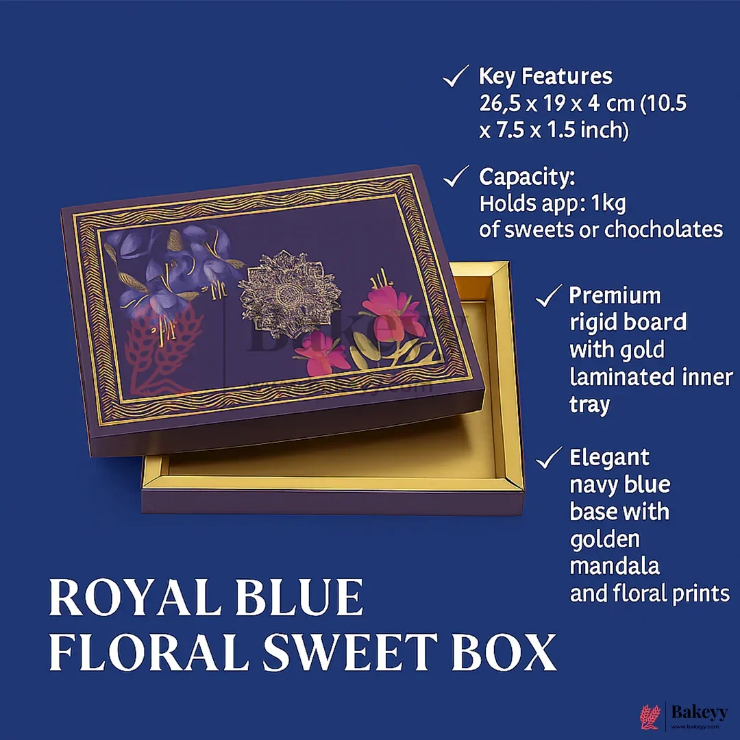 One Kg Sweet Box | 10.5x7.5x1.5 Inch | Royal Blue Floral Sweet Box with Golden Tray 1 Piece - Image 7
