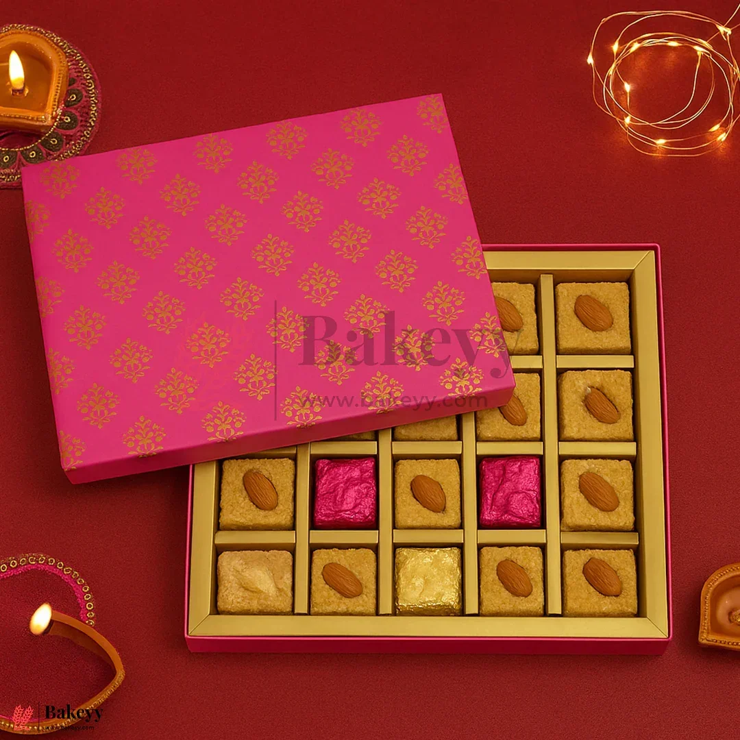 One Kg Sweet Box | 10.5x7.5x1.5 Inch | Royal Pink & Gold Sweet Box with Golden Tray 1 Piece - Image 5