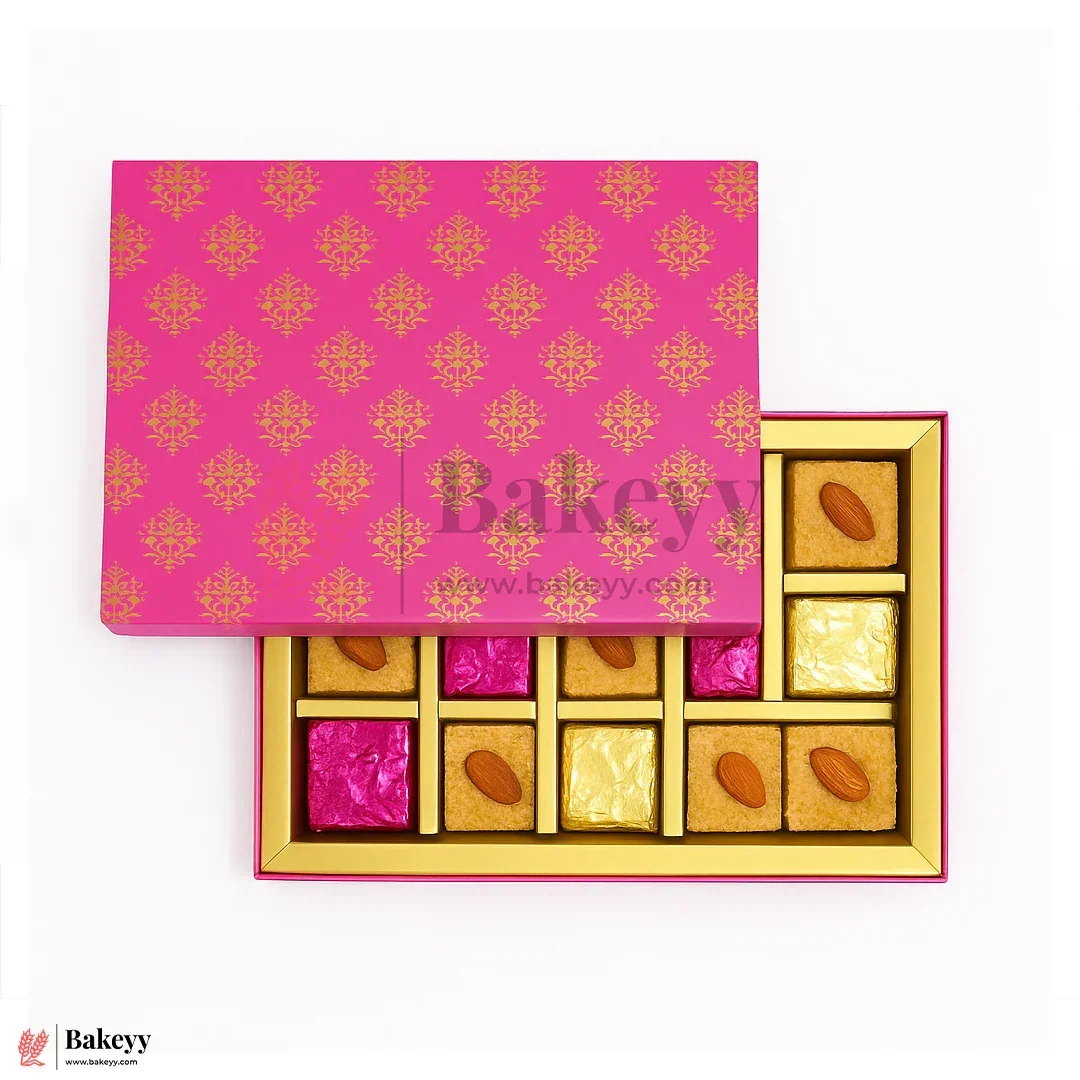 One Kg Sweet Box | 10.5x7.5x1.5 Inch | Royal Pink & Gold Sweet Box with Golden Tray 1 Piece - Image 6