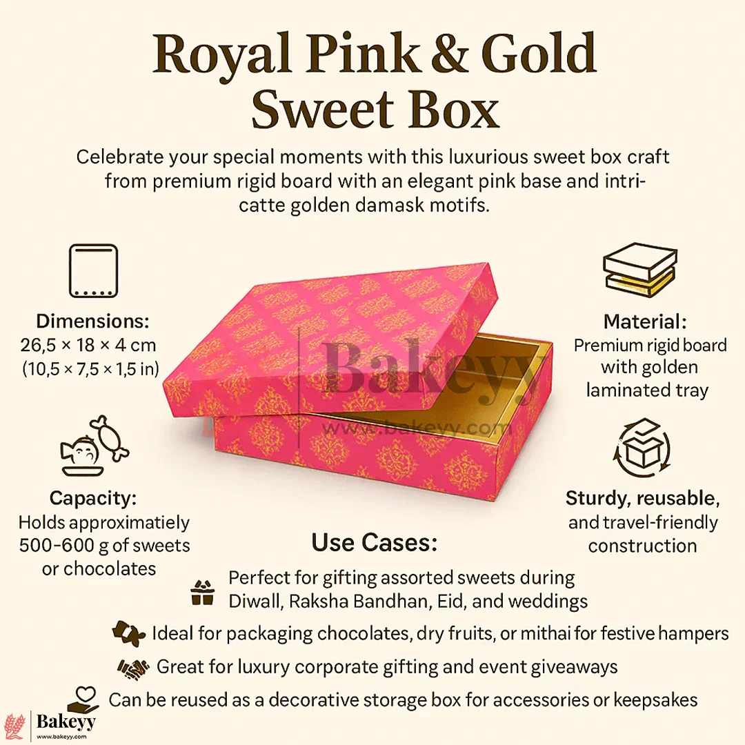 One Kg Sweet Box | 10.5x7.5x1.5 Inch | Royal Pink & Gold Sweet Box with Golden Tray 1 Piece - Image 8