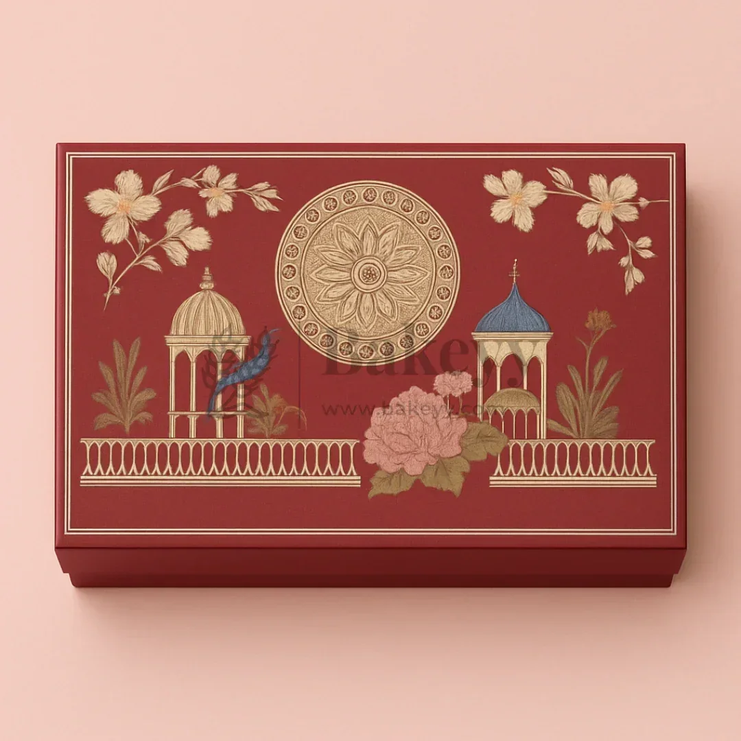One Kg Sweet Box | 12x7x1.5 Inch | Royal Maroon Peacock Rectangle Gift Box with Golden Tray | 1 Piece - Image 2