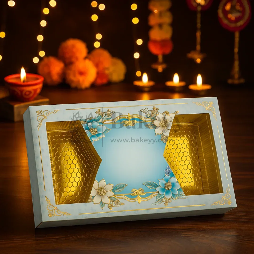 One Kg Sweet Box | Light Blue Sweet Box with Golden tray | Pack of 10 - Image 3
