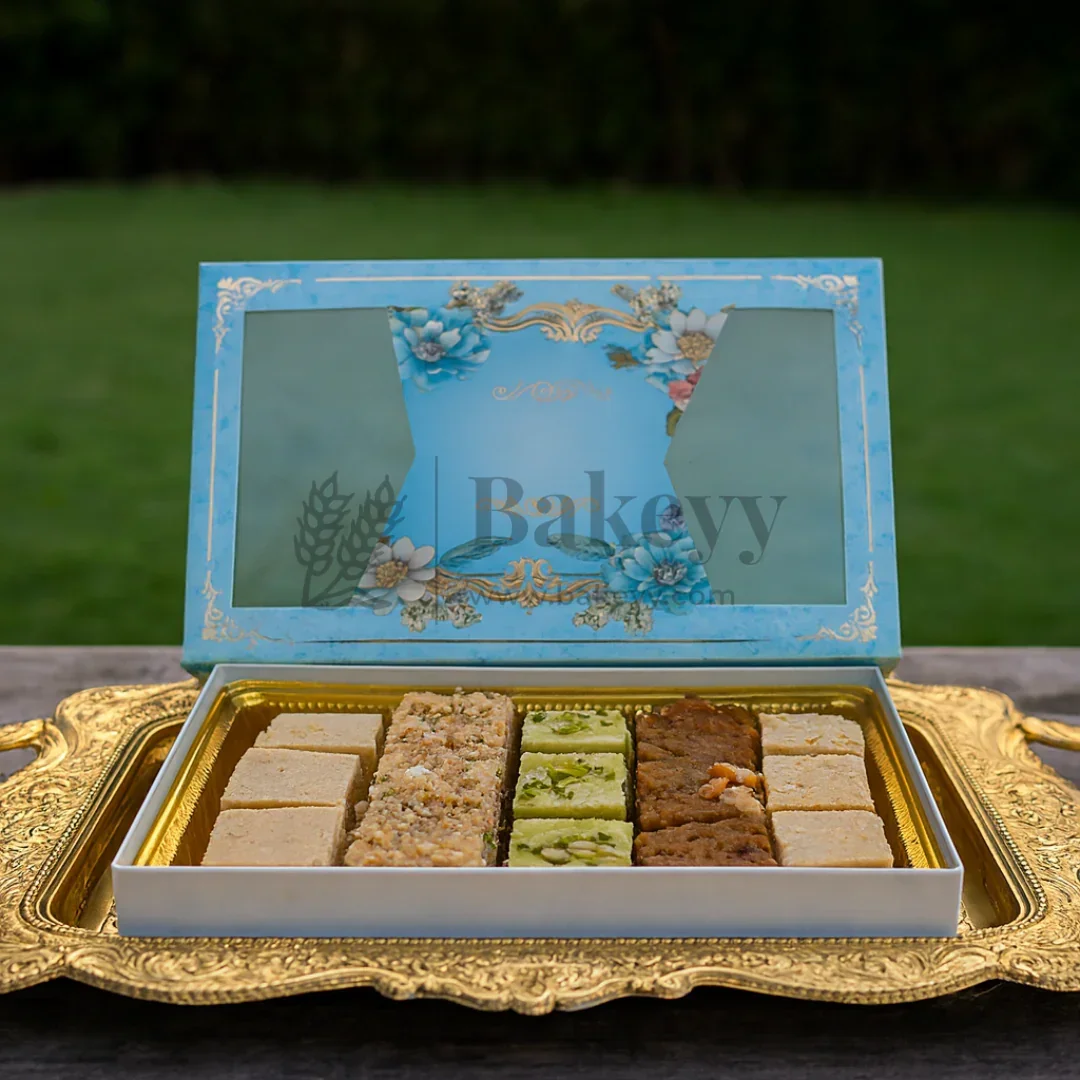 One Kg Sweet Box | Light Blue Sweet Box with Golden tray | Pack of 10 - Image 4