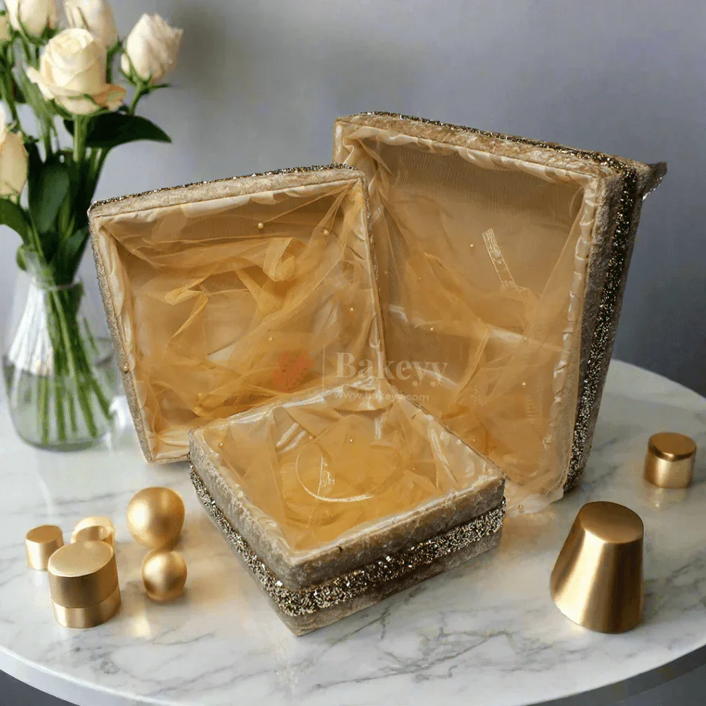 Chid Velvet Gold Hamper | Deluxe Square Gifting & Décor Basket | Diwali Return Gift Tray With Net - Image 5