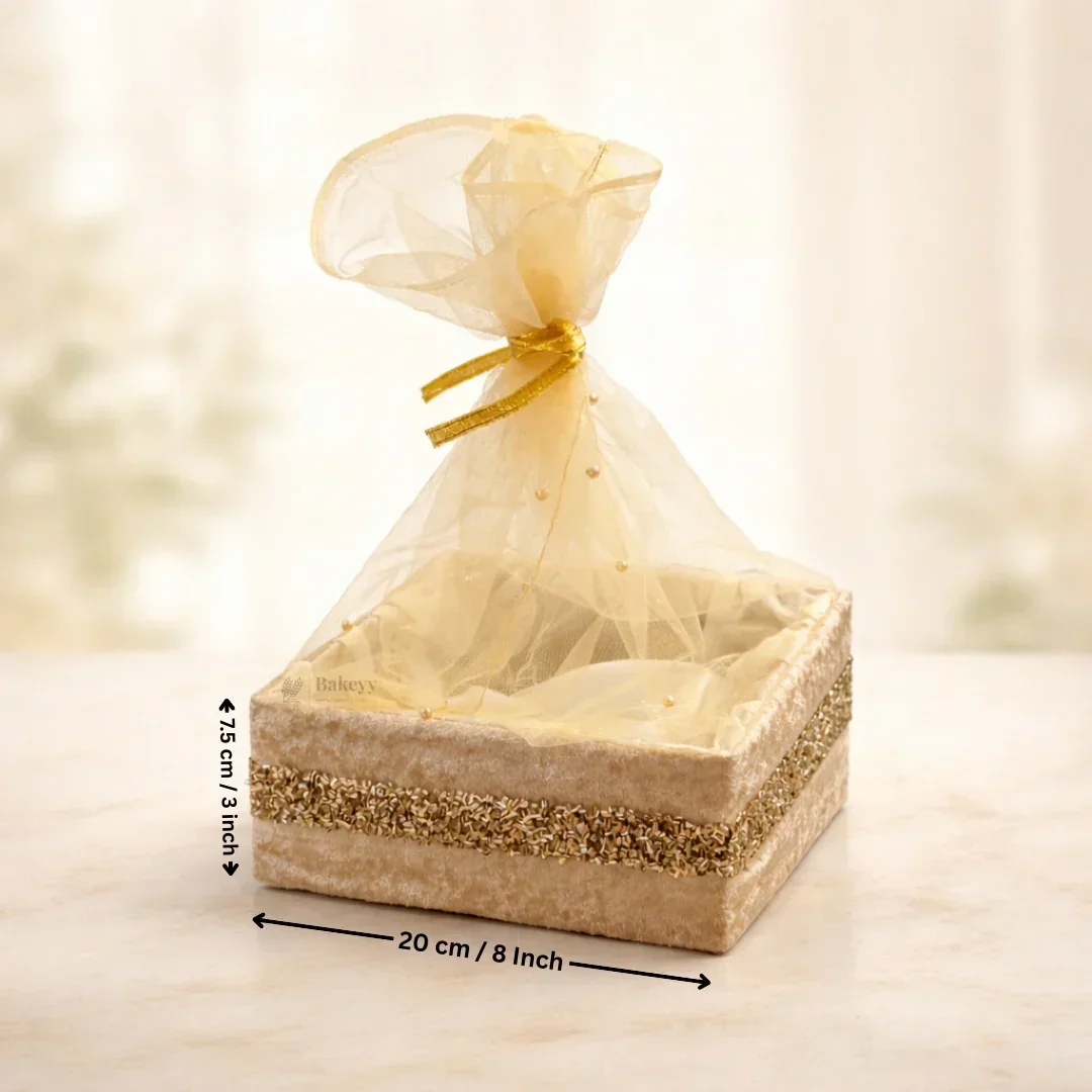 Chid Velvet Gold Hamper | Deluxe Square Gifting & Décor Basket | Diwali Return Gift Tray With Net - Image 8