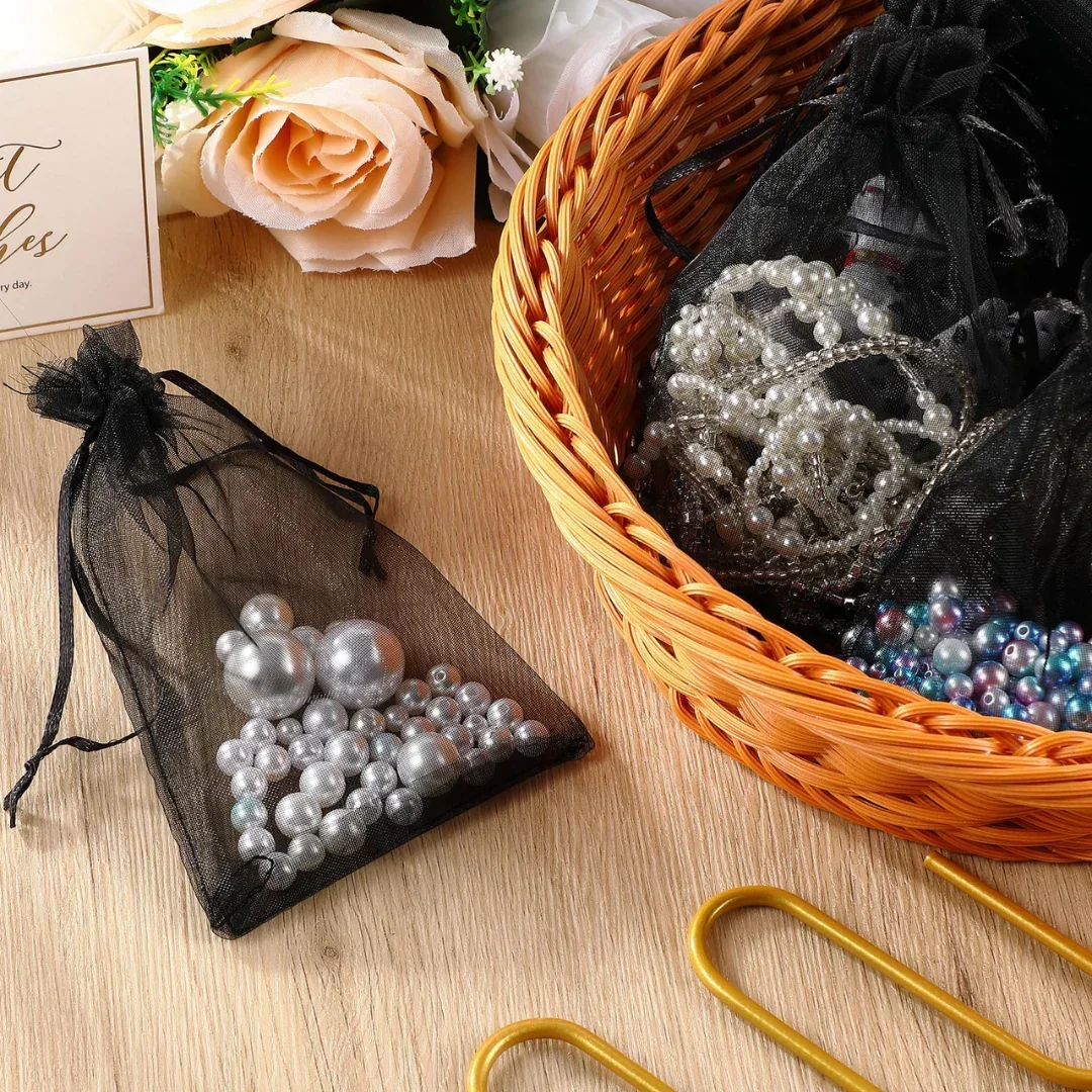 Organza Potli Bags | Drawstring Bags | Black Color - Image 3