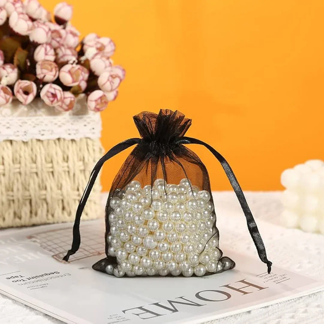 Organza Potli Bags | Drawstring Bags | Black Color - Image 4
