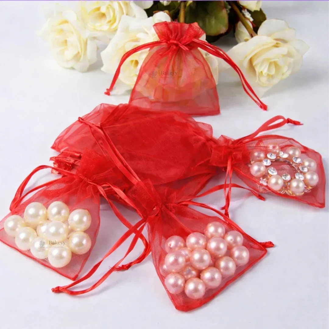 Organza Potli Bags | Drawstring Bags | Red Color - Image 3