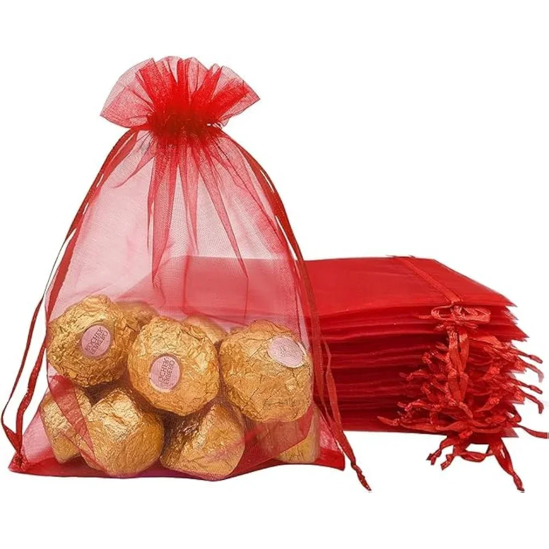 Organza Potli Bags | Drawstring Bags | Red Color - Image 4