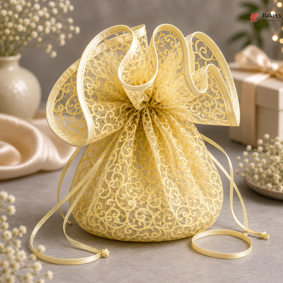 Organza Topi Bag With Pattern | Drawstring Closure | Available in 6 colours | Pack of 25 - Image 10