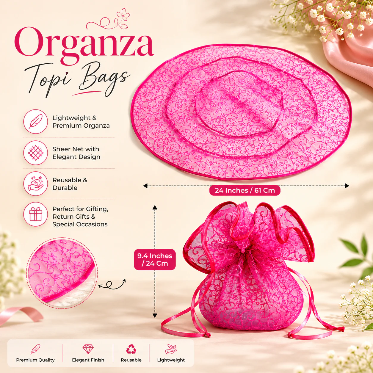 Organza Topi Bag With Pattern | Drawstring Closure | Available in 6 colours | Pack of 25 - Image 16